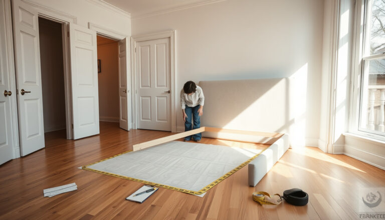 Makuuhuoneessa lattialle maalarinteipillä merkitty suorakaide osoittaa, mihin 180x200-kokoinen sänkyrunko mahtuu; vieressä mittanauha ja muistiinpanoja.
