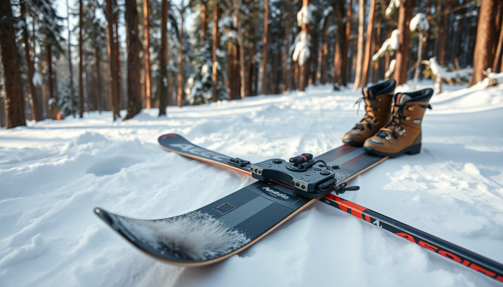 Karvapohjasukset siteineen ja jalkineineen lumisella metsäpolulla talvipäivänä