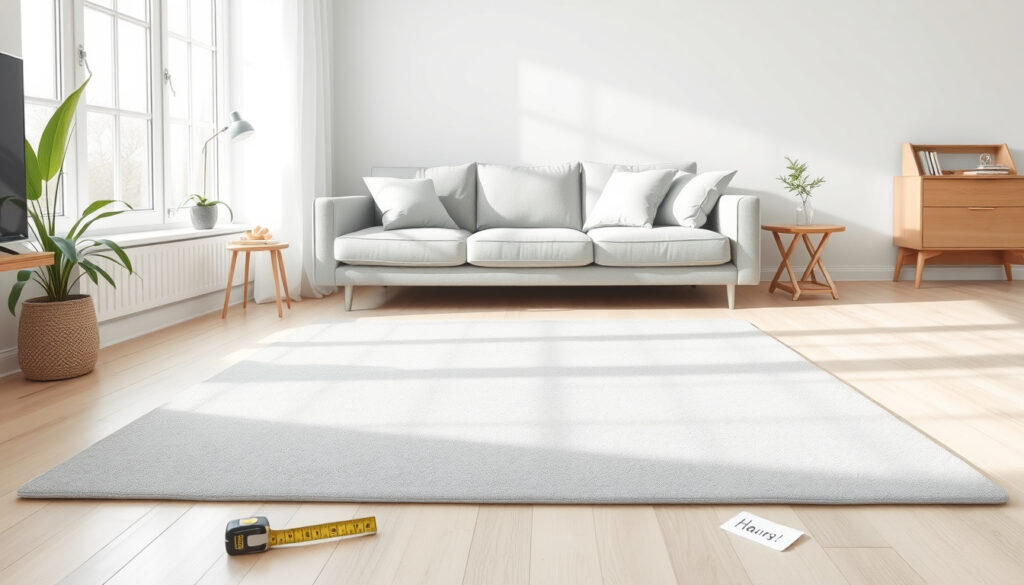 Vaaleanharmaa 160x230 cm matto sohvan edessä valoisassa olohuoneessa, vieressä mittanauha ja mittamerkinnät lattiassa.