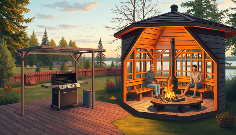 Avoin grillikatos terassilla grillin päällä ja taustalla suljettu puinen grillikota, jossa on keskitulisija ja penkit seinustoilla pihaillassa.