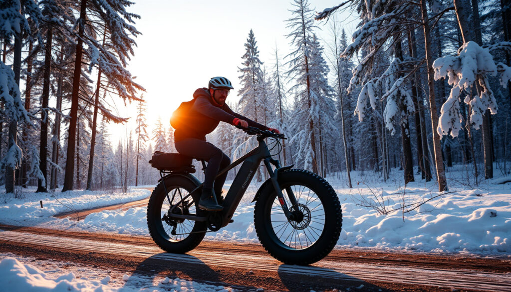 Pyöräilijä ajaa leveärengaisella sähköavusteisella fatbikella lumista metsäpolkua talvisessa maisemassa.