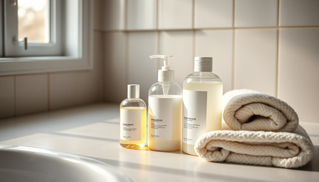 Kylpyhuoneen tiskillä avattu shampoo-pullo, jonka vieressä kaksi muuta samankaltaista pulloa eri kokoisina, kodin valaistuksessa.