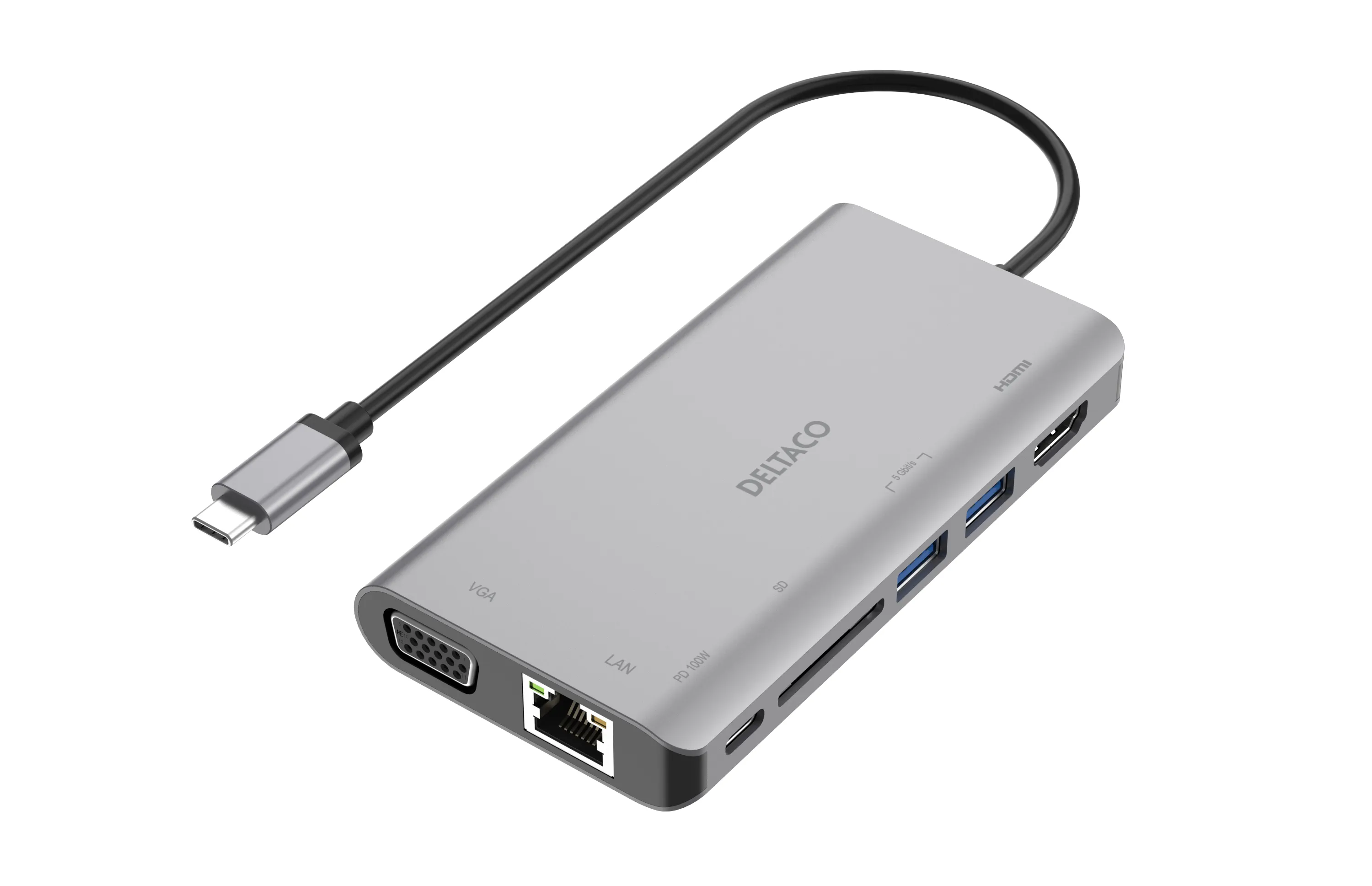 Deltaco HDMI/VGA/2xUSB-A, PD 3.0, USB-C-telakka